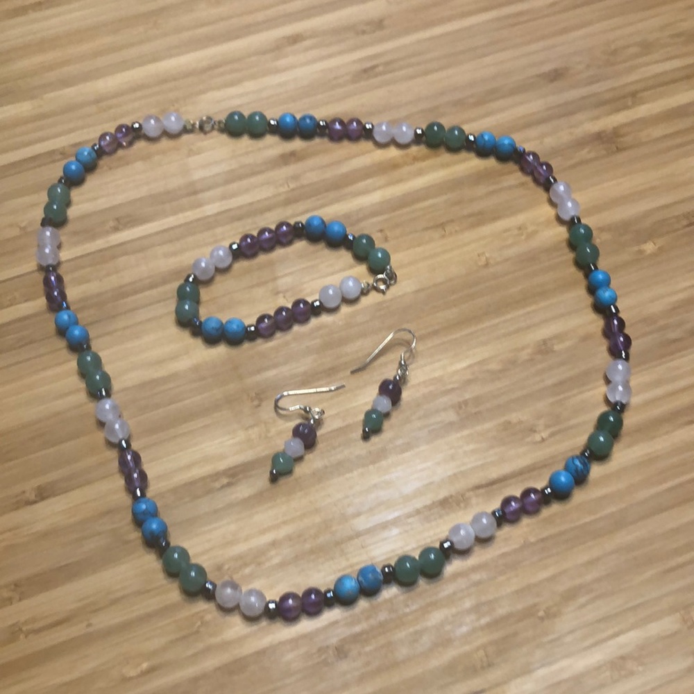 Gemstone necklace, bracelet and earrings set